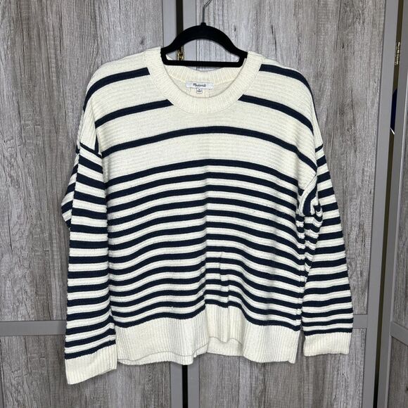 Madewell Womens Sweater Striped White and Blue Relaxed Nautical Buttons Size M - Picture 1 of 7